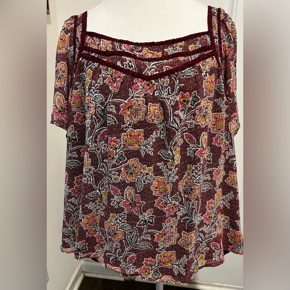 Loft Burgundy Paisley Floral Flutter Sleeve Blouse Square Neck Size XXL - Picture 6 of 12